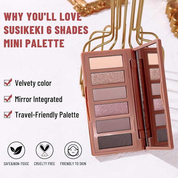 SUSIKEKI Neutral Nude Matte & Shimmer Eyeshadow Palette - 6 Colors Mini Travel Size, Highly Pigmented Rosy Eye shadow, Long Lasting Vegan Makeup Palette for Daily Use 02