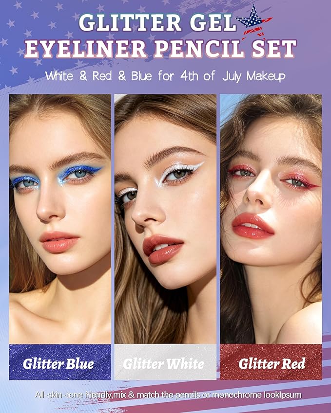 3 PCS Glitter White Red Blue Eyeliner Pencil Set, 4th of July Gel Eyeliner Pencil kit, Waterproof & Smudge-proof Waterline Eye Liner Pen Beauty Makeup for Women, Girls, Daily, Party, Independence Day