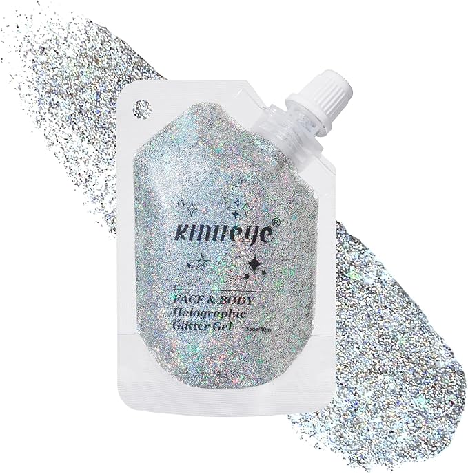 Laser Silver Face Body Glitter Gel Shimmer Makeup for Hair Clavicle Arm Nail Eyeshadow, Long Lasting Waterproof Holographic Mermaid Sequins for Outfit Rave Festival Party, 1.35oz, #5