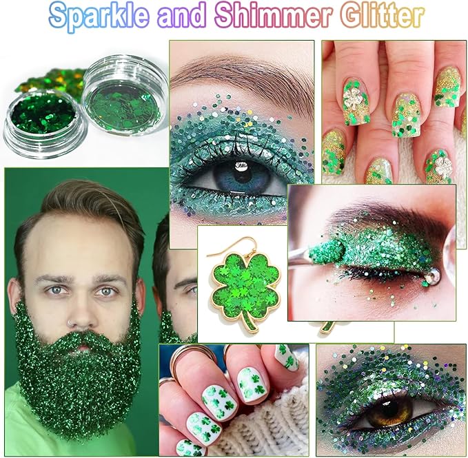 Laza 2 Jars St. Patrick’s Day Body Glitter Iridescent Chunky Sequins with Glitter Glue Women Eyeshadow Makeup Face Paint Festival Rave Outfits Hair Accessories Carnival Brat Party Costumes-Lime Summer
