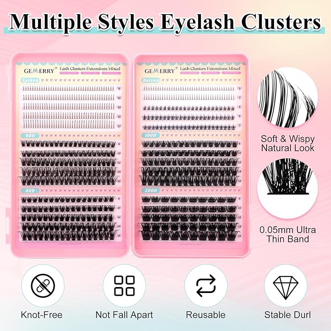 GEMERRY 4-in-1 Eyelash Extension Kit Spikes Clusters and 2 Styles Bottom Lashes 60D/80D/100D/200D Cluster Eyelash Extensions with Bond and Seal and Tweezers(8-16mm)