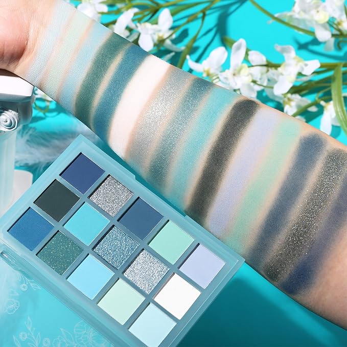 UCANBE 15 Color Eyeshadow Palette – Shimmer Matte Glitter Metallic Cool Tones Shades in White, Blue, Green, Mint, Teal, Navy – High Pigemented Blendable Eye Makeup Palette Kit