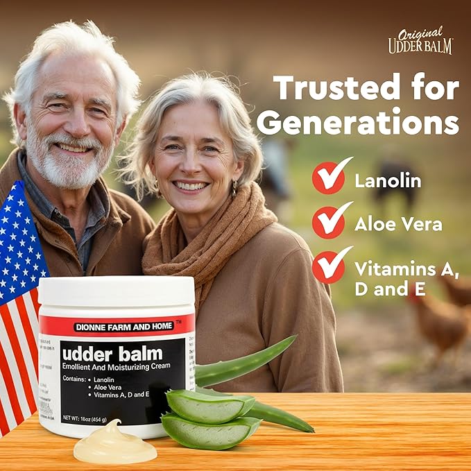 Dionne Farm and Home Udder Balm – Made in USA – Lanolin Healing Skin Care Cream for Dry, Cracked Hands – Non-Greasy Working Hands Cream & Body Moisturizer for Dry Skin Relief, 16 Fl Oz Jar