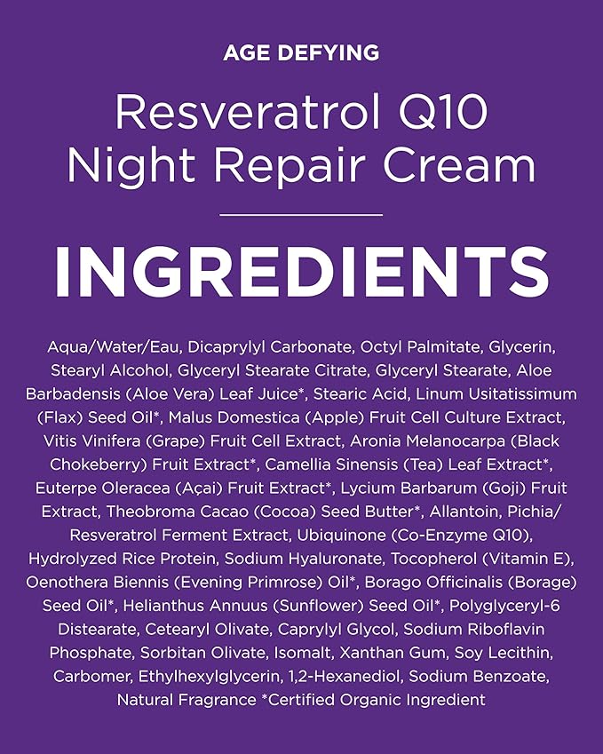 Andalou Naturals Resveratrol Q10 Night Repair Cream, For Dry Skin, Fine Lines & Wrinkles, For Softer, Smoother, Younger Looking Skin, 1.7 Ounce