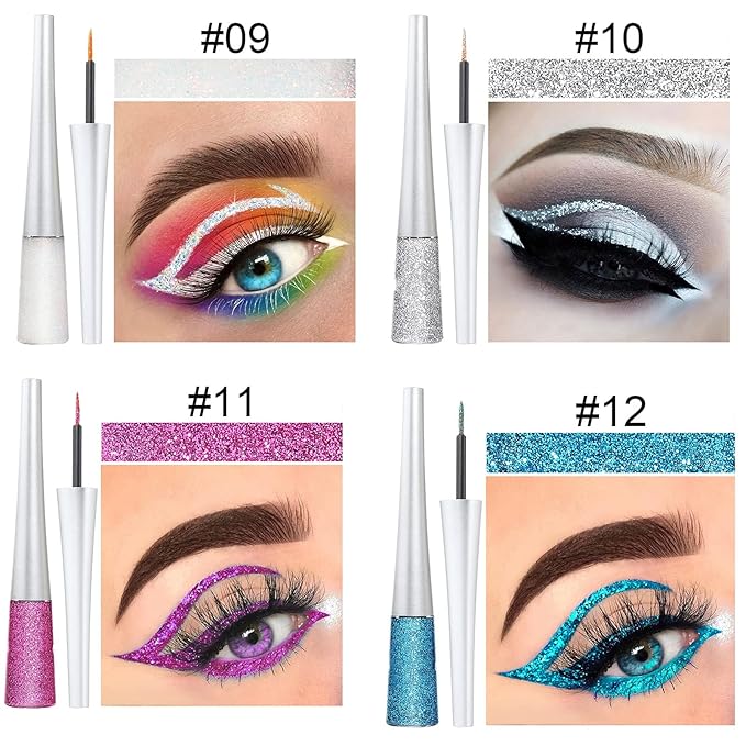 16PCS Liquid Glitter Eyeliner set, 16 Colors High Pigmented Brighten Eye Liner Kit, Long Lasting Waterproof Metallic Shimmer Eyeshadow