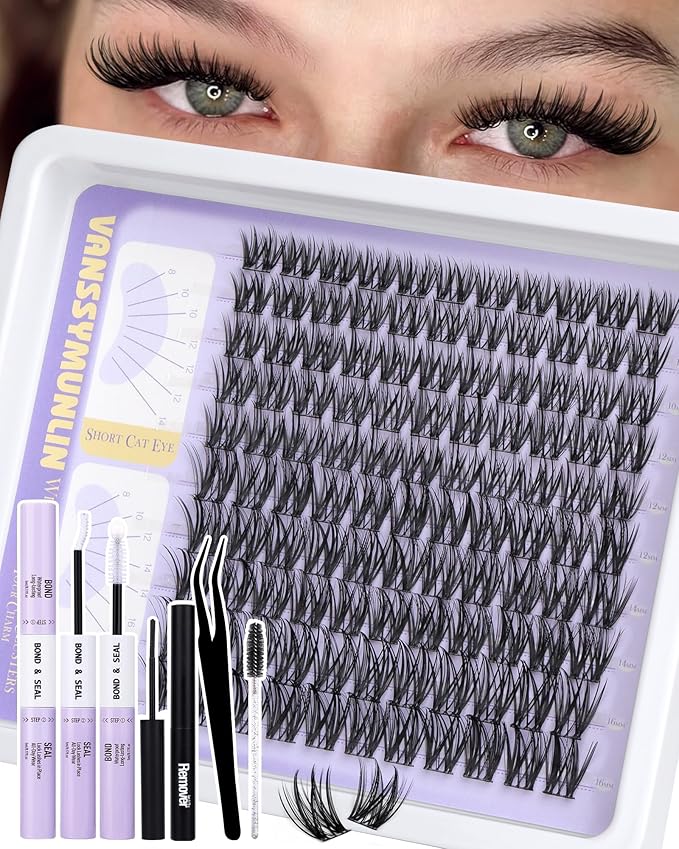 Wispy Lash Clusters Kit with Remover Natural Eyelashes Clusters Lightweight C Curl Cluster Eyelash Extensions Short Individual Lashes DIY Eyelash Extension Kit with Waterproof Lash Cluster Glue 8-16mm