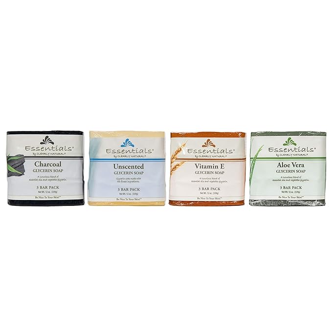 Clearly Natural Essentials Glycerin Bar Soap, Unscented, 4 Ounce, Pack of 3 (Packaging May Vary)