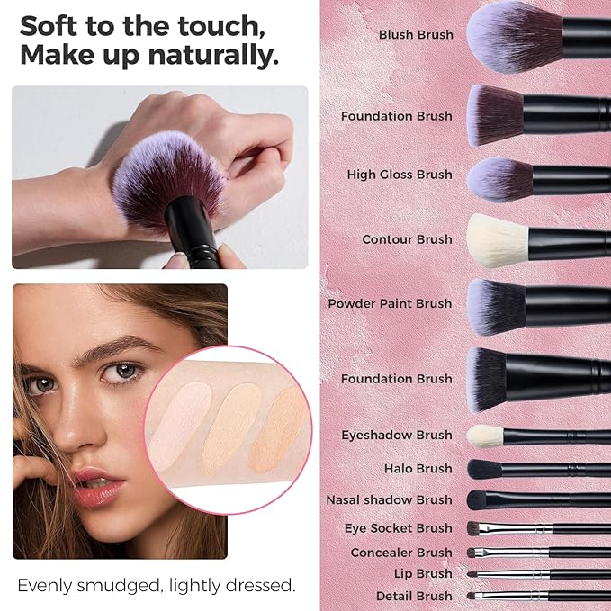 BS-MALL Makeup Brush Set with Waterproof Travel Bag & Makeup sponges -26 Pcs Set Triangle Puff & Face Washing Puffs,Face Wash Headband Wristband for Travel Go Camping Gift & Makeup Beginners (Pink)