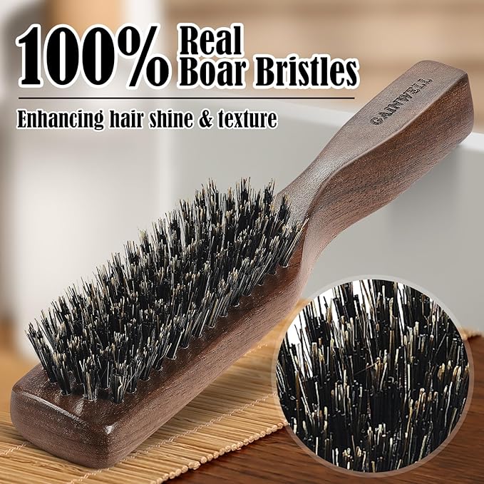 GAINWELL Mens Wild Boar Bristle Hair Brush for Men, Slick Back Hair Brush with Stiff Bristles for Thick Hair, Beard Brush Natural Black Walnut Wooden Handle Hairbrush