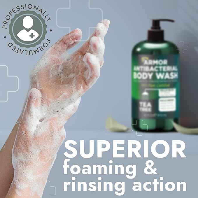 Antibacterial Body Wash with Tea Tree Oil | Antibacterial Soap for Men & Women | Kills 99.9% of Germs & Bacteria | Helps with Back Acne, Body Odor & Skin Irritation | Daily Body Cleanser 16 fl oz