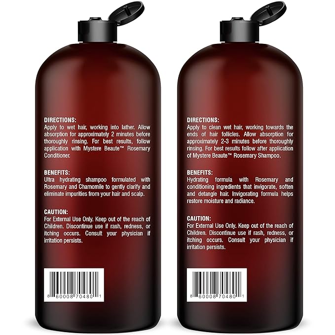 MYSTÉRE BEAUTÉ Rosemary Shampoo and Conditioner Set for Hair Growth - 16 oz Each - Sulfate Free with Biotin, Keratin & Argan Oil - Strengthens, Thickens & Reduces Thinning for Men and Women