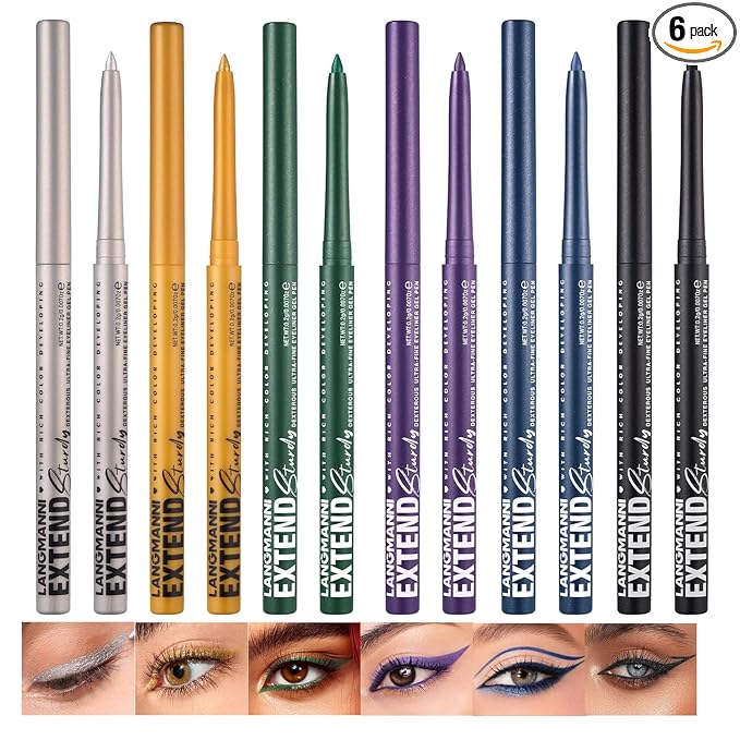 LANGMANNI 6Pcs Metal Colorful Eyeliner Pencil Set - Matte & Shimmer Eye Makeup,Smooth Use Long-Lasting & Waterproof Eyeliner Set(#02+03+04+06+08+12)