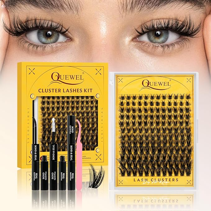 QUEWEL Lash Clusters Kit, 144PCS Natural Lash Custers with Lash Bond and Seal, C Curl Wispy Cluster Lashes Natural Look with Thin Band Easy to use for Beginners (DJ-FD-F)