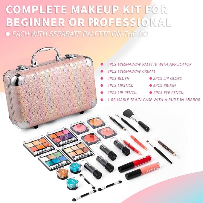 Hot Sugar All In One Makeup Set for Teenager Girls, Full Makeup Kit for Beginners Includes Eye Shadow Palette Blush Lip Gloss Lipstick Lip Pencil Eye Pencil Brush Mirror (Pink Heart)