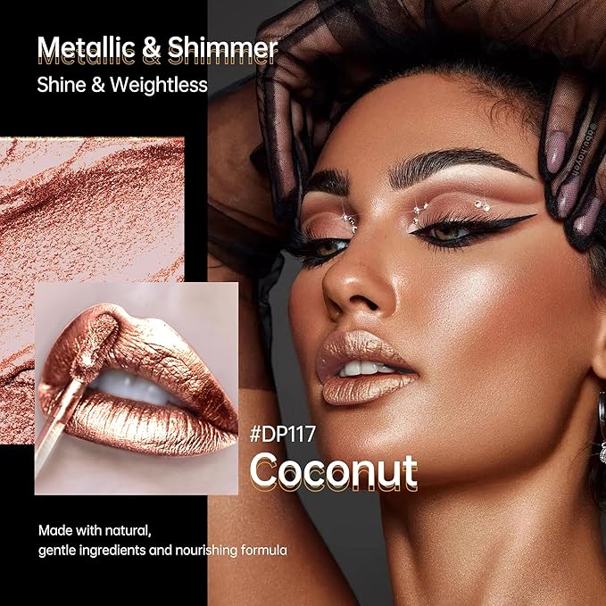 Depuplum Nude Lipsticks for Women Metallic Lipstick Long Lasting Shimmer Lip Gloss Metal Shine Glitter Waterproof Lipsticks Full Coverage Lip Color for Mother's Day,DP117 Coconut
