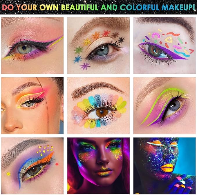 Glow in the Dark Glitter Gel with UV Neon Liquid Eyeliner Pen Set for Body Face Hair Eye, Makeup Kit for Rave Accessories Party Halloween Anime Cosplay Concerts Festival Carnival Face Paint