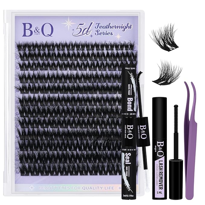 B&Q Flora Lash Clusters Kit Feath5D Wispy Lashes Clusters Wide Band Full Cluster Eyelash Extensions C Curl 8-18Mix Feather Light Medium Volume Fluffy Eyelash Clusters Kit for Wispy Look（Feath5D01 Kit）