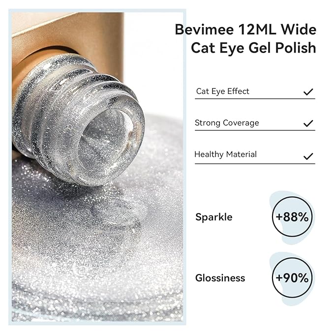 Cat Eye Gel Nail Polish, Silver Glitter Magnetic Nail Polish Smoothie with Magnet Stick, Holographic Shimmer Cateye Effect, UV Velvet Nail Art Manicure Salon DIY Home, 12ML