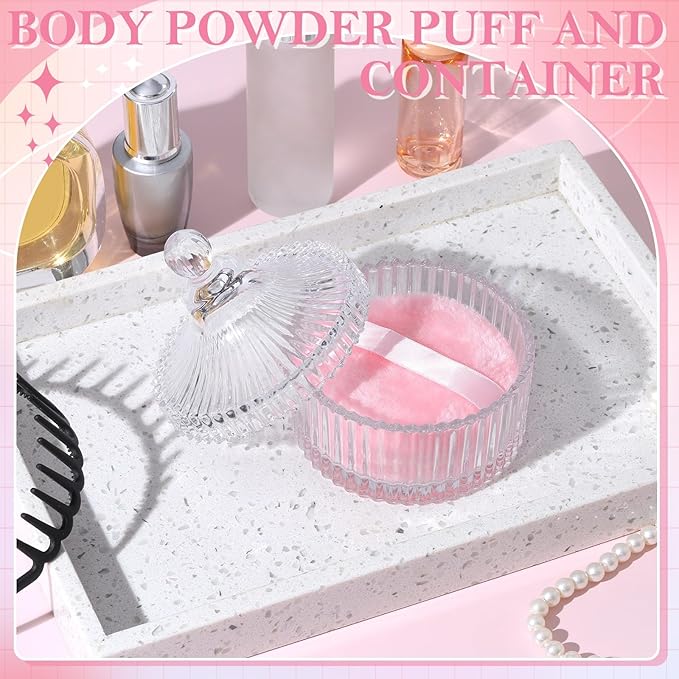 3 Pieces Large Body Powder Puff and Container, 3.54 Inch Women Powder Puff with Crystal Case for Dusting Powder, Pink and Beige