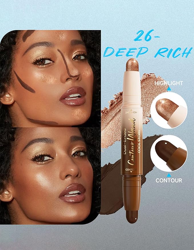 Erinde Dual-Ended Contour Stick, 2-In-1 Nose Contour & Highlighter Pen, Creamy, Buildable and Easy to Apply, Long Lasting Waterproof Cream Bronzer & Highlight Sticks, 26 Deep Rich