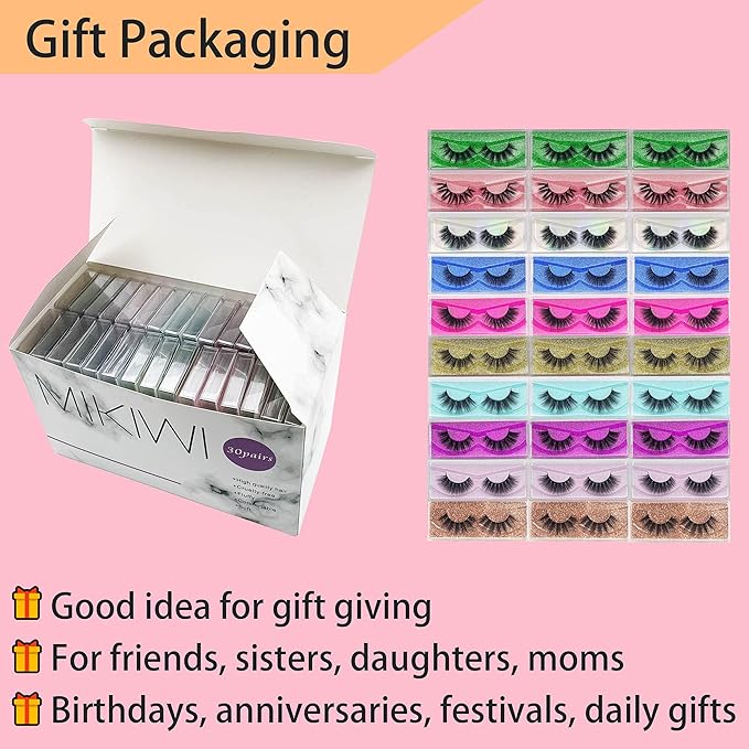 Lashes Bulk Mikiwi 30 Pack Eyelashes, 12-20mm 5D Fake Mink Eyelashes Wholesale, Fluffy Natural Volume Eye Lashes, Individual Package Faux Mink Lashes Wholesale