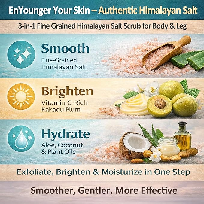 EnYounger™ 3-in-1 Fine-Grained Himalayan Salt Scrub for Body & Legs – Exfoliate/Smooth, Brighten & Hydrate Naturally (10 oz / 283 g)