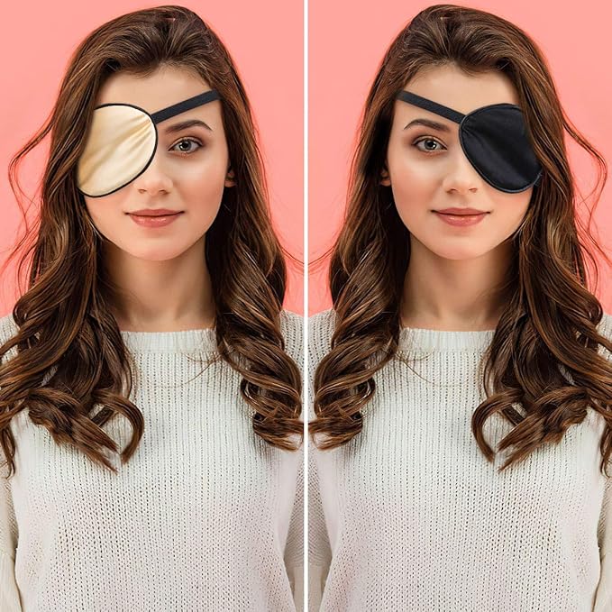 eZAKKA Eye Patches for Adults Kids, 2 Pieces Silk Elastic Eyepatch for Lazy Eye Amblyopia Strabismus (L, Champagne+Black)