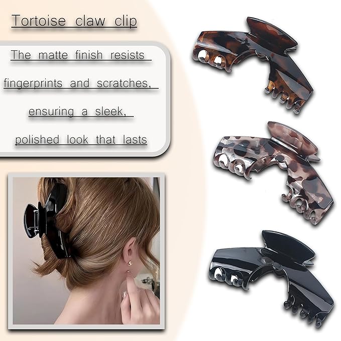 3PCS Large Hat Claw Clip for Women Acetate Tortoise-Shell Claw Clips for Styling Long, Thick, Thin Hair Non-Slip, Strong Hold Can be Used as a Hat Accessory During Exercise
