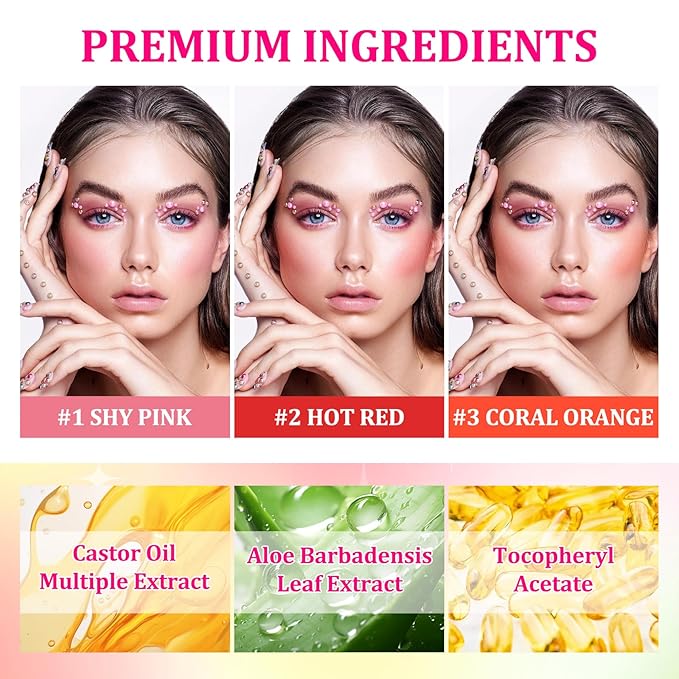 3PCS Blush Stick for Cheeks,Multi-use Solid Matte Makeup Stick Blush Cream for Cheek Eyes and Lips Tint,Moisturizing Tinted Cream Blush,Natural Blendable Cheek Blusher with 3 Makeup Sponges