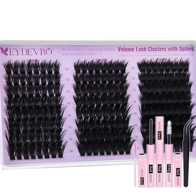 EYDEVRO Volume Lash Clusters Kit with Spikes Fluffy Eyelash Clusters Kit Manga Lash Clusters 180D260D300D Cluster Eyelash Extensions 12-18mm Mega Volume Thick Long D Curl Lash Extension Kit
