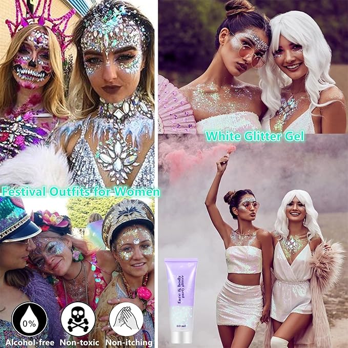 Go Ho Clear White Face Body Glitter - Party Flash Festival Rave Outfits for Women&Kids,Holographic Glitter Rainbow White Face Paint,Halloween Mermaid Fairy Makeup Chunky Sequins Gel,Rave Accessories
