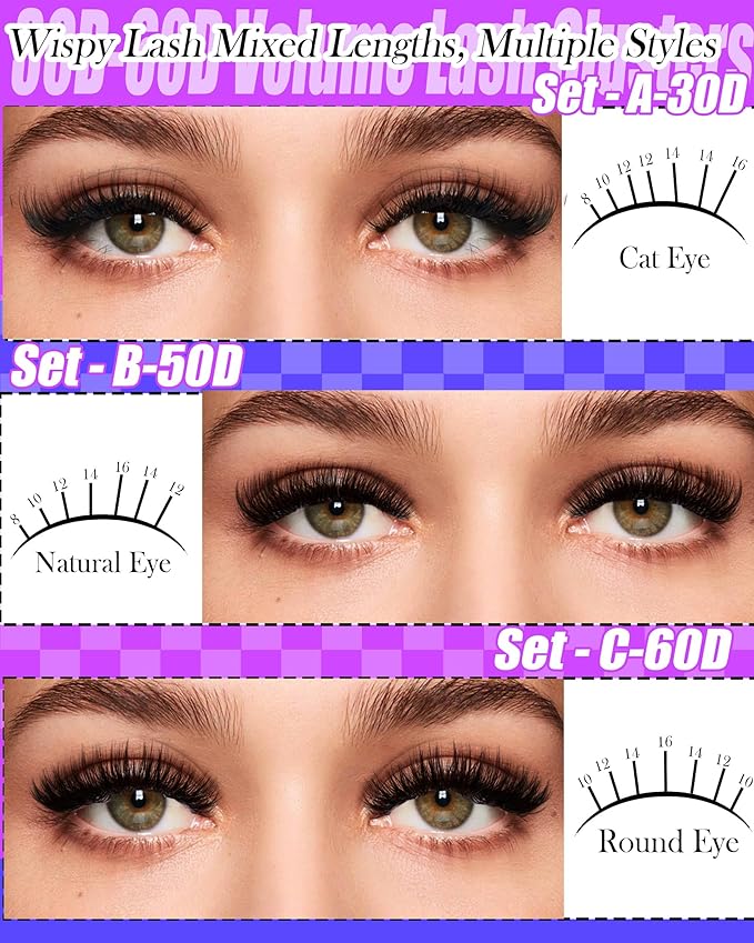 YIDUO Lash Extension Kit 30D+40D+50D+60D Cluster Lashes Extension 8-16mm, Wispy Individual Lashes with Bond,and Seal, Remover & Tweezers, DIY Eyelash Extensions for Beginners pestañas postizas