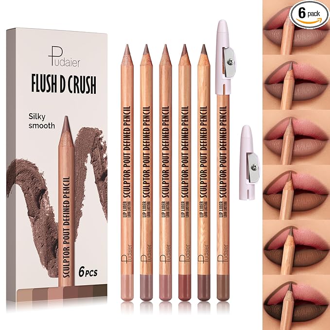 Pudaier Matte Lip Liner Set for Women, Long-Lasting Lip Makeup, Smooth LipLiner Kit with 6 Colors Lipliner & Sharpener, Waterproof Lip Liner Pencil for Defining & Filling Lips, Nude-Brown