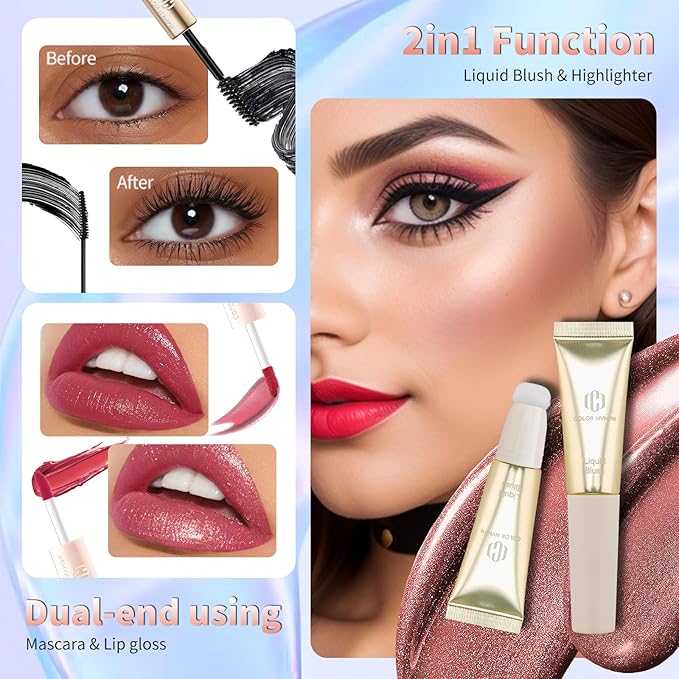 Color Nymph Makeup Kit for Women, Girls Beginner All In One Makeup Set with Sequin Bag, 9-Color Eyeshadow Palette, Lip Gloss, Eyeliner, Mascara - Orange Blue, Sparkling Party Wedding Evening Bag