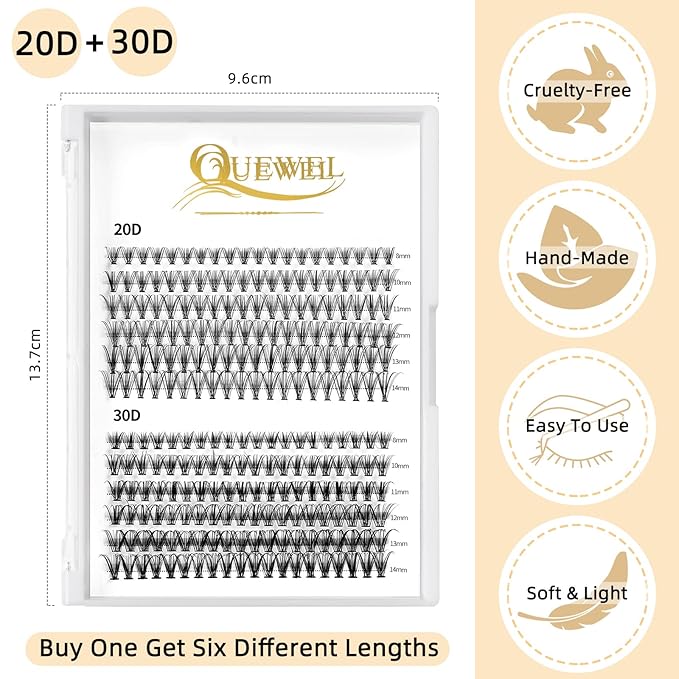 QUEWEL Cluster Lashes 240Pcs Individual Lashes 20D+30D D Curl Mix8-14mm Lash Extensions Clusters Lashes Soft&Natural False Eyelashes Individual DIY Eyelash Extension at Home(20D+30D D mix-8-14)
