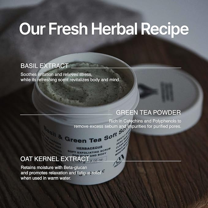 Foaming Body Scrub for Oily Skin, Basil & Green Tea Whipped Sugar Scrub with AHA BHA PHA, 2-in-1 Face & Body Wash Exfoliator, Soothing Oatmeal, Green Citrus Scent, 7.05 oz