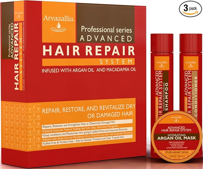 Advanced Hair Repair Shampoo, Conditioner and Deep Conditioner Mask System Set for Dry or Damaged Hair with Argan and Macadamia Oil by Arvazallia - Sulfate Free