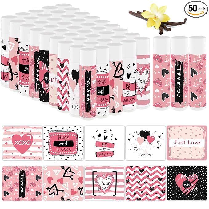 50 Pcs Valentine's Galentine's Day Gifts Lip Balms Bulk for Women Valentines day Lip Care Moisturizing Gift Favors Stuffers Birthday Party Supplies Decorations (pink heart)