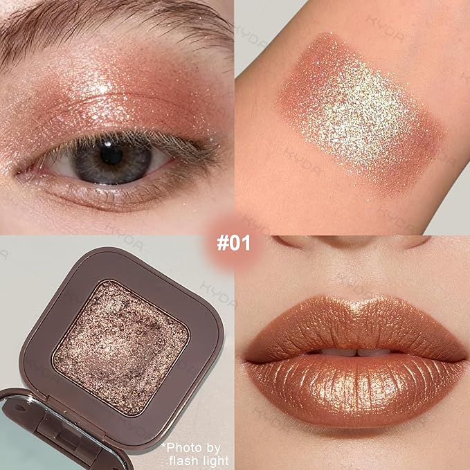 KYDA Chameleon Metallic Eyeshadow, Chrome Shimmer Eye Shadow Makeup, Smooth Pressed Powder Palette with Mirror, High Pigment Soft Eyeshadow, Lasting Glitter Eye Look, 01Champagne