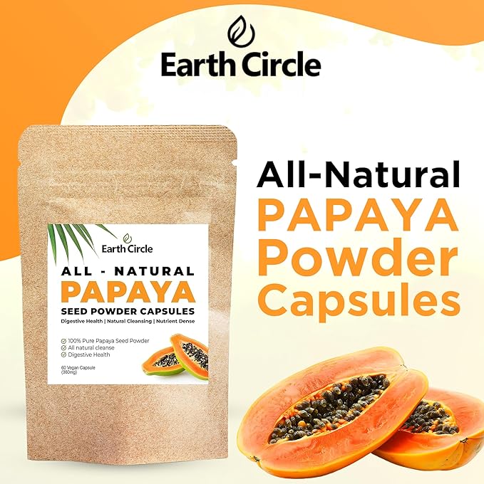 Earth Circle Organics Papaya Seed Powder Capsules – 100% Ground Papaya Seeds – 360mg per Capsule – 120 Vegan Capsules – No Additives or Fillers (Pack of 2, 120 Total Capsules)