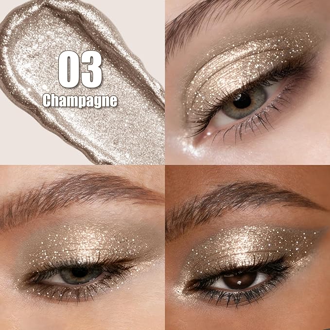 QIC Liquid Glitter Eyeshadow, Metallic & Shimmer Finish, Long Lasting, Non-Creasing, Smudge-proof, Lightweight Formula Liquid Eyeshadow for All Skin Tones, Buildable Color (03 Desert)
