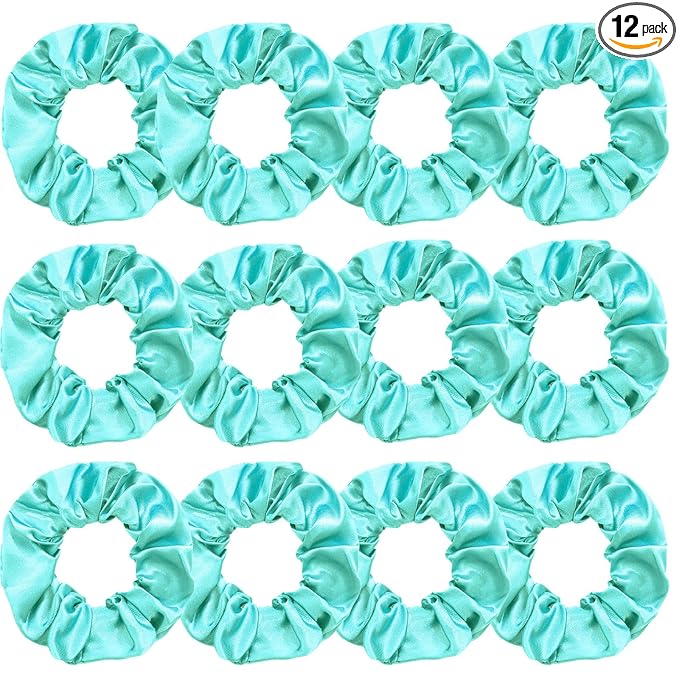 Silk Satin Scrunchies for Women Girls 12 PCS Lake Blue Hair Scrunchies Silk Satin Hair Ties for Thick Hair Bulk Hair Ties Hair Accessories