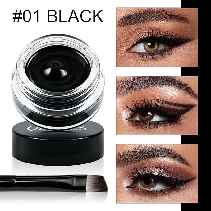 2 in 1 Black and Brown Gel Eyeliner Set Water Proof Smudge Proof, Last for All Day Long, Work Great with Eyebrow, 2 Pieces Eye Makeup Brushes Included