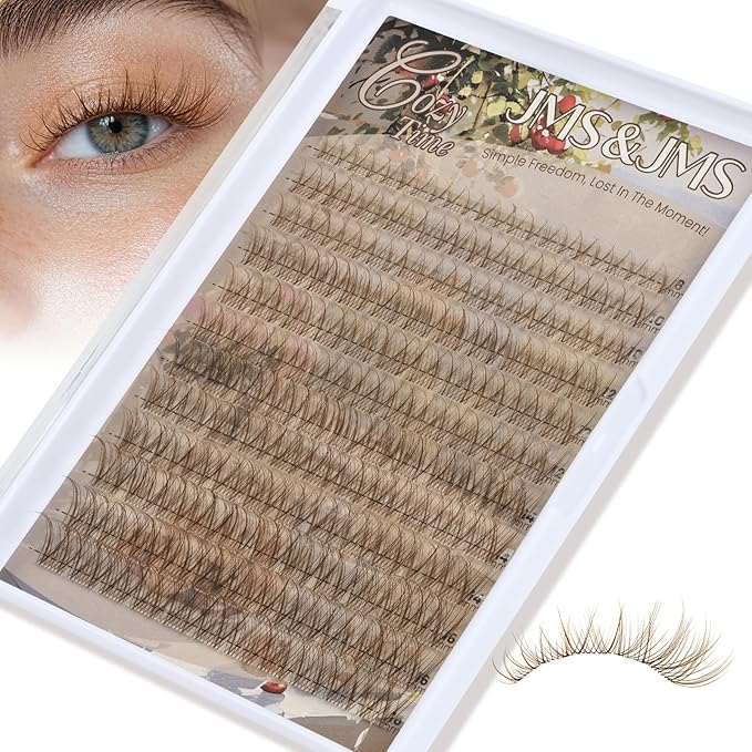 JMS&JMS Brown Lash Clusters Natural Wispy Lash Clusters Brown Eyelash Clusters Clear Band C Curl DIY Cluster Lashes 8-16mm