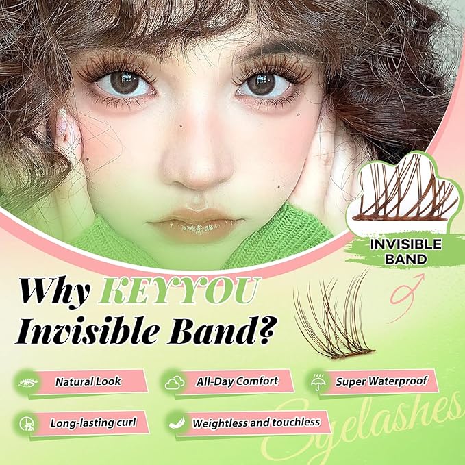 KEYYOU Venus Brown Lash Clusters Kit Fairy Lash Extension Kit C Curl 120Pcs Eyelash Extension Wispy Natural Invisible Band Lash with Waterproof DIY Lash Extension Kit at Home(Venus Brown-C-8-16MIX)