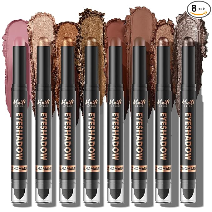 LANGMANNI 8Colors Dual-Ended Cream Eyeshadow Stick Set – Silky Smooth, Waterproof & Transfer-Proof, Built-in Blender Brush, All-Day Matte & Shimmer Wear Eye Makeup(#B)