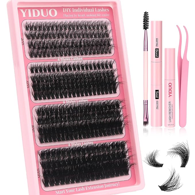 YIDUO Lash Clusters Kit 40D+60D+80D+100D Volume Lashes Extensions Kit 10-16mm Wispy Individuals Fake Eyelash, 308Pcs All-in-1 Pack with Bond and Seal|Tweezers |Removers |Eyelash & Eyebrow Brush