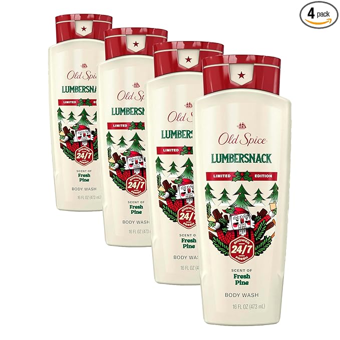 Old Spice Body Wash for Men, Holidudes Holiday Edition, 24/7 Holiday Freshness, Lasting Scent and Rich Lather, Stocking Stuffer, Lumbersnack with Fresh Pine Scent, 16 oz (Pack of 4)