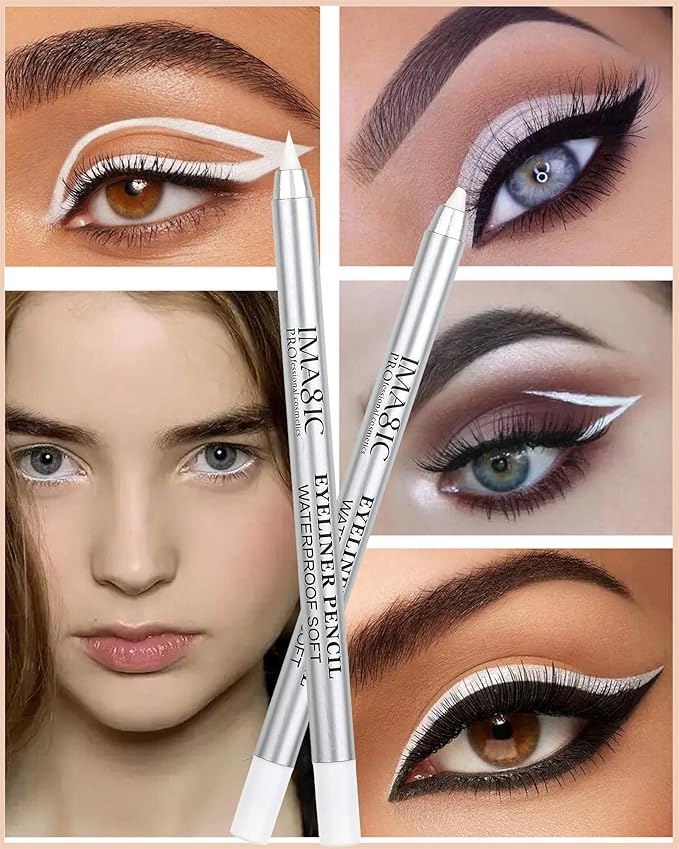 2Pcs White Waterproof Gel Eyeliner Pencils,Highlighter Eye Liner Pencil Matte Long Lasting Super Smooth formula White Eye Liner Eyeshadow Makeup Pens,Eyes Brightener Pencils with Pencil Sharpener