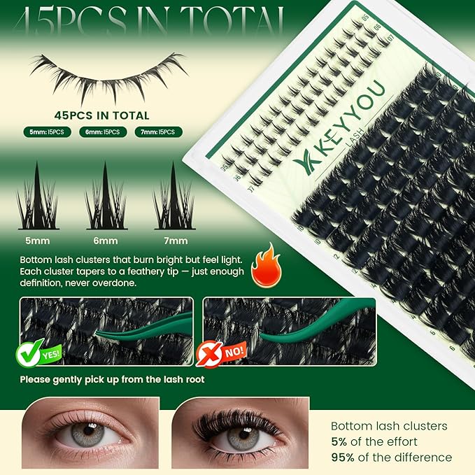 KEYYOU Lash Clusters Kit 0.03mm 300D D Curl 10-18mm Mix Thick Volume & Super Soft Upper and Manga Bottom Lash Clusters 145pcs with Bond and Seal,Applicator & Remover for DIY Lash Extension Kit at Home